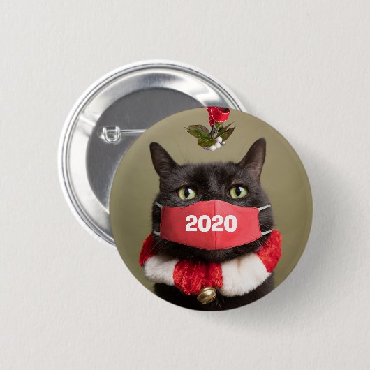Frohe Weihnachten 2020 Katze in Covid Gesichtsmask Button (Vorne & Hinten)