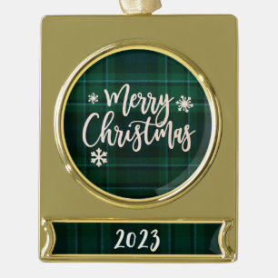 Frohe Weihnachten 2023 Grün Kariert Banner-Ornament Gold