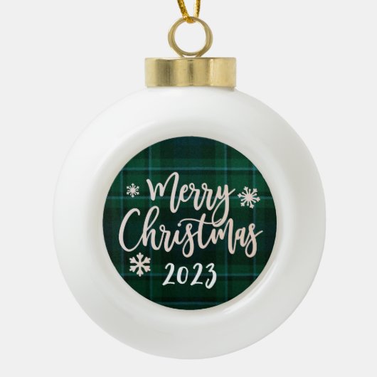 Frohe Weihnachten 2023 Grün Kariert Keramik Kugel-Ornament (Vorderseite)