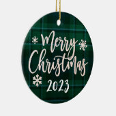 Frohe Weihnachten 2023 Grün Kariert Keramik Ornament (Rechts)