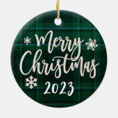 Frohe Weihnachten 2023 Grün Kariert Keramik Ornament (Hinten)