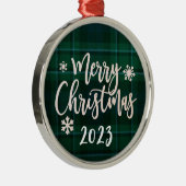 Frohe Weihnachten 2023 Grün Kariert Ornament Aus Metall (Rechts)