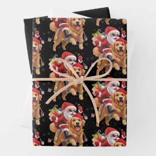 Frohe Weihnachten 2025 Santa reitet Golden Retriev Geschenkpapier Set