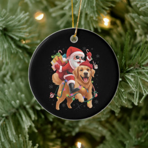 Frohe Weihnachten 2025 Santa reitet Golden Retriev Keramik Ornament