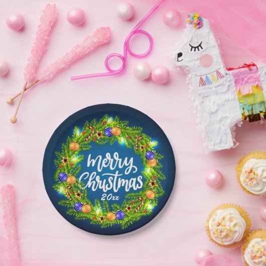 Frohe Weihnachten 20XX Grüner Kranz auf Blue 7" Pappteller (Party)