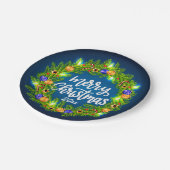 Frohe Weihnachten 20XX Grüner Kranz auf Blue 7" Pappteller (Schrägansicht)