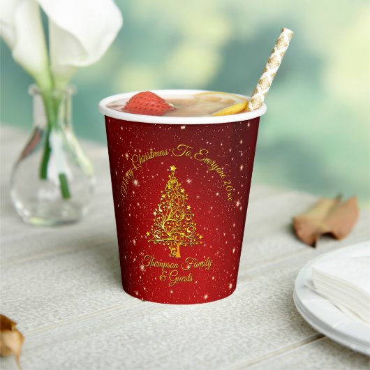 Frohe Weihnachten 20XX Red Gold Tree Stars 8oz Pappbecher (In Situ)