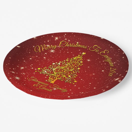 Frohe Weihnachten 20XX Red Gold Tree Stars 9" Pappteller (Schrägansicht)
