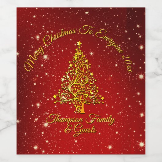 Frohe Weihnachten 20XX Red Gold Tree Stars Weinetikett (Einzelnes Label)