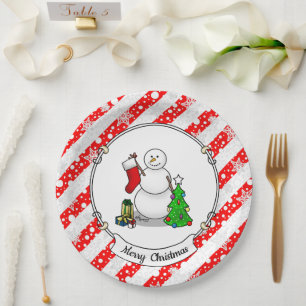 Frohe Weihnachten 2 Bäume Strumpf Snowman Pappteller