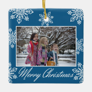 Frohe Weihnachten 2 Foto Blau Und Weiße Schneefloc Keramikornament