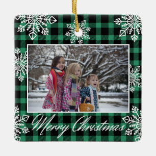 Frohe Weihnachten 2 Foto Schneeflocken grün karier Keramikornament