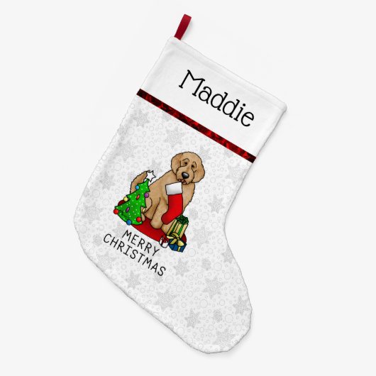 Frohe Weihnachten 2 Goldendoodle (goldrot) Niedlic Großer Weihnachtsstrumpf (Vorderansicht (hängend))