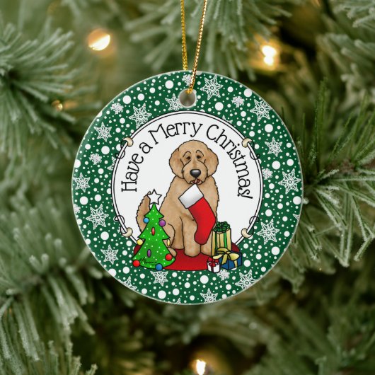Frohe Weihnachten 2 Goldendoodle (goldrot) Niedlic Keramik Ornament (Baum)