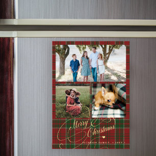 Frohe Weihnachten 3 Familienfoto-Plaid-Magnetkarte Magnetkarte