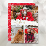 Frohe Weihnachten 3 Foto Collage<br><div class="desc">Weihnachtskarten aus mehreren Fotos vermitteln ein fröhliches Weihnachtsfest in schicker Schrift auf einem Schneeflocken in der Mitte. Laden Sie einfach drei Fotos hoch und fügen Sie Ihre Familiengrüße und Namen auf der Rückseite. *Ändern Sie die Farbe auf der Rückseite mit unserem Bearbeitungsprogramm. Wählen Sie High Definition für beste Foto-Qualität.</div>
