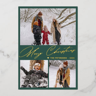 Frohe Weihnachten 3 Foto-Collage elegante grüne Go Folien Feiertagskarte