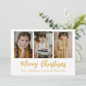 Frohe Weihnachten 3 Foto Collage Gold Einladung (Stehend Vorderseite)