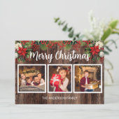 Frohe Weihnachten 3 Foto Rustic Wood Red Poinsetti Karte (Stehend Vorderseite)