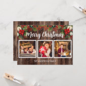 Frohe Weihnachten 3 Foto Rustic Wood Red Poinsetti Karte (Vorderseite/Rückseite Beispiel)