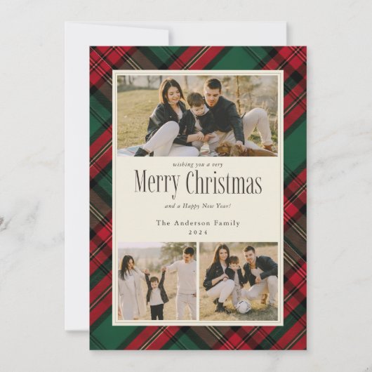 Frohe Weihnachten 3 Fotos Elegant Grün Kariert (Vorderseite)
