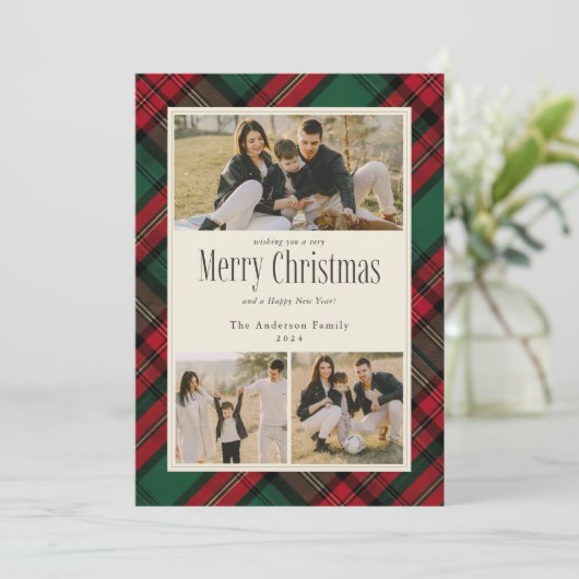 Frohe Weihnachten 3 Fotos Elegant Grün Kariert (Stehend Vorderseite)