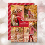 Frohe Weihnachten 4 Foto Collage<br><div class="desc">Ihr Familienname und der Gruß Frohe Weihnachten und Happy New Year in schicker Schrift auf rot mit Ihrer Lieblings-4-Foto-Collage auf der Vorderseite und Ihre Vornamen auf der Rückseite dieser Feiertagskarten Grußkarten. MEHR FARBEN in unserem Geschäft. Der Live Design Service hilft Ihnen bei der Gestaltung Ihres Designs.</div>