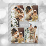 Frohe Weihnachten 4 Foto Collage<br><div class="desc">Ihr Familienname und der Gruß Frohe Weihnachten und Happy New Year in schicker Schrift auf silber grau mit Ihrer Lieblings-4-Foto-Collage auf der Vorderseite und Ihre Vornamen auf der Rückseite dieser Feiertagskarten Grußkarten. MEHR FARBEN in unserem Geschäft. Der Live Design Service hilft Ihnen bei der Gestaltung Ihres Designs.</div>