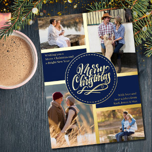 Frohe Weihnachten 4 Foto-Collage Blau und Gold Folien Feiertagskarte