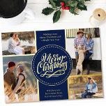 Frohe Weihnachten 4 Foto Collage Blau und Gold Folien Feiertagskarte<br><div class="desc">Personalisieren Sie diese vergoldete Weihnachtskarte mit vier Ihrer Lieblings-Fotos. Die Vorlage ist Set für Sie bereit, um Ihre vier Fotos und, es hat auch zwei Abschnitte für Ihre Grüße und Ihre Namen. Die Mitte der Karte hat die Formulierung "Frohe Weihnachten" in einer modernen und schicken Farbpalette von Blau und Gold....</div>