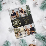 Frohe Weihnachten 4 Foto Collage Chalkboard Gold Folien Feiertagskarte<br><div class="desc">Eine stilvolle Goldfolie 4 Foto Collage Urlaubsplanung für Sie,  um mit Ihren Lieblings-Fotos,  Nachrichten,  Namen und Jahr auf einem Chalkboard-Hintergrund zu personalisieren. Auf der Rückseite sind fallende Schneeflocken auf einem passenden Chalkboard-Hintergrund zu sehen. Entwickelt von Thisisnotme©</div>