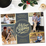 Frohe Weihnachten 4 Foto Collage Grau und Gold Folien Feiertagskarte<br><div class="desc">Personalisieren Sie diese vergoldete Weihnachtskarte mit vier Ihrer Lieblings-Fotos. Die Vorlage ist Set für Sie bereit, um Ihre vier Fotos und, es hat auch zwei Abschnitte für Ihre Grüße und Ihre Namen. Die Mitte der Karte hat die Formulierung "Frohe Weihnachten" in einer modernen und schicken Farbpalette aus Zinngrau und Gold....</div>