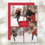 Frohe Weihnachten 4 Foto Collage Red<br><div class="desc">Ihr Familienname und der Gruß Frohe Weihnachten und Happy New Year in schicker Schrift auf rot mit Ihrer Lieblings-4-Foto-Collage auf der Vorderseite und Ihre Vornamen auf der Rückseite dieser Feiertagskarten Grußkarten. MEHR FARBEN in unserem Geschäft. Der Live Design Service hilft Ihnen bei der Gestaltung Ihres Designs.</div>