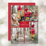 Frohe Weihnachten 4 Foto Collage Red<br><div class="desc">Ihr Familienname und der Gruß Frohe Weihnachten und Happy New Year in schicker Schrift auf rot mit Ihrer Lieblings-4-Foto-Collage auf der Vorderseite und Ihre Vornamen auf der Rückseite dieser Feiertagskarten Grußkarten. MEHR FARBEN in unserem Geschäft. Der Live Design Service hilft Ihnen bei der Gestaltung Ihres Designs.</div>