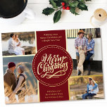 Frohe Weihnachten 4 Foto Collage Rot und Gold Folien Feiertagskarte<br><div class="desc">Personalisieren Sie diese vergoldete Weihnachtskarte mit vier Ihrer Lieblings-Fotos. Die Vorlage ist Set für Sie bereit, um Ihre vier Fotos und, es hat auch zwei Abschnitte für Ihre Grüße und Ihre Namen. Die Mitte der Karte hat die Formulierung "Frohe Weihnachten" in einer traditionellen Farbpalette von Rot und Gold. Ihre Bilder...</div>