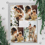 Frohe Weihnachten 4 Foto Collage Silver Folien Feiertagskarte<br><div class="desc">Echte Weihnachtskarten aus Weihnachten mit Ihrem Nachnamen und der Begrüßung Frohe Weihnachten und Glück Neues Jahr in schicken,  echten Silberfolien-Schriften mit Ihrer Lieblings-4-Foto-Collage in echter Silberfolie an der Vorderseite und Ihren Vornamen auf der Rückseite. Der Live Design Service hilft Ihnen bei der Gestaltung Ihres Designs.</div>