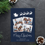 Frohe Weihnachten 4 Foto Santa Sleigh Blue<br><div class="desc">Eine festlich blaue Urlaubskarte mit einer 4-Foto-Bildersammlung,  verstreut in weißen Rahmen,  einer Silhouette von Rentieren,  die den Schlitten des Weihnachtsmanns fliegen,  "Frohe Weihnachten" in einem stilvollen weißen Drehbuch und Ihrem Namen in weißer Typografie.</div>