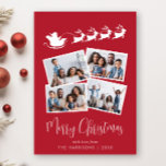 Frohe Weihnachten 4 Foto Santa Sleigh Red<br><div class="desc">Feierliche Weihnachtskarte mit einer 4-Foto-Collage verstreuter Bilder in weißen Rahmen,  eine Illustration von Rentieren,  die den Schlitten des Weihnachtsmannes fliegen,  "Frohe Weihnachten" in einem stilvollen weißen Drehbuch und Ihren Namen in der einfachen weißen Typografie.</div>