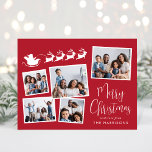 Frohe Weihnachten 5 Foto Collage Santa Sleigh<br><div class="desc">Feierliche rote Urlaubskarte mit einer 5-Foto-Collage verstreuter Bilder in weißen Rahmen, einer weißen Silhouette von Rentieren, die den Schlitten des Weihnachtsmanns fliegen, "Frohe Weihnachten" in einem stilvollen weißen Drehbuch und Ihrem Namen in schlichter moderner Weißtypografie. Auf der Rückseite passen Sie Ihre Nachricht an oder verließ für einen handschriftlichen Hinweis leer....</div>