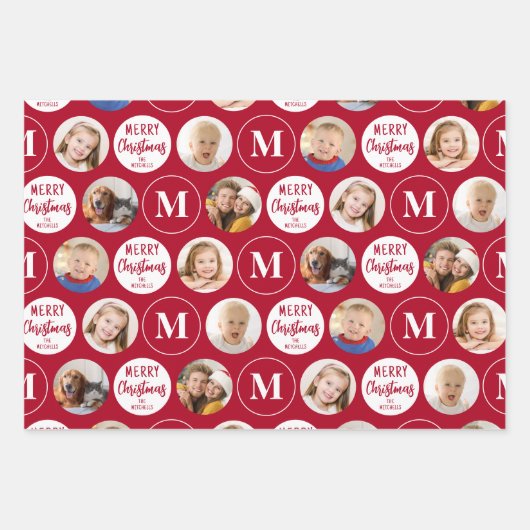 Frohe Weihnachten 6 Fotos Monogram Red White Geschenkpapier Set (Vorderseite)