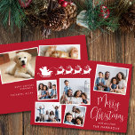 Frohe Weihnachten 7 Foto Collage Santa Sleigh<br><div class="desc">Feierliche rote Urlaubskarte mit einer 7-Foto-Collage verstreuter Bilder in weißen Rahmen,  einer weißen Silhouette von Rentieren,  die den Schlitten des Weihnachtsmanns fliegen,  "Frohe Weihnachten" in einem stilvollen weißen Drehbuch und Ihrem Namen in schlichter moderner Weißtypografie. Fügen Sie 2 Fotos auf der Rückseite und eine personalisierte Meldung hinzu.</div>