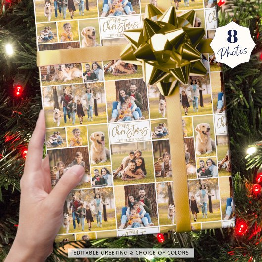 Frohe Weihnachten 8 Foto Collage Gold Personalisie Geschenkpapier