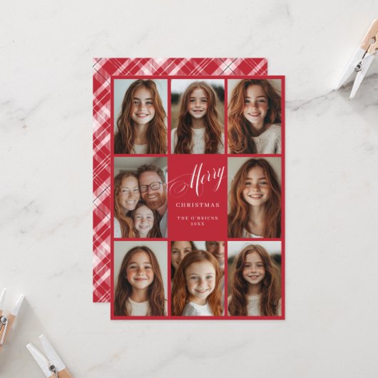 Frohe Weihnachten acht Multi-Foto-Design rot Einladung (Vorderseite/Rückseite Beispiel)