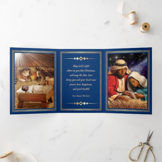 Frohe Weihnachten. Afrikanische Krippenkunst Dreifach Gefaltete Urlaubskarte (Innenseite)