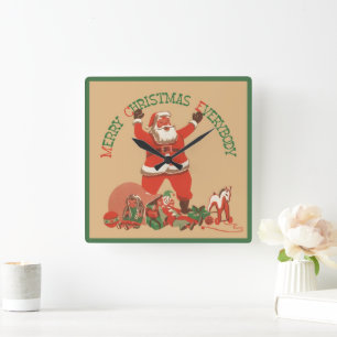 Frohe Weihnachten allen! Vintage Weihnachtsmann Quadratische Wanduhr