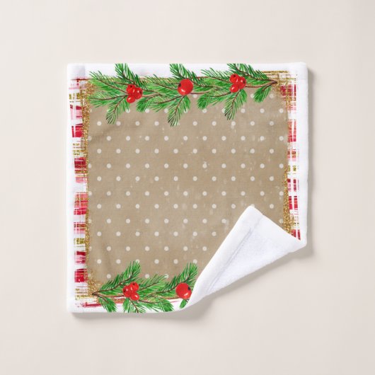 Frohe Weihnachten als Polka Dots und Holly Shower  Badhandtuch Set (Waschlappen)