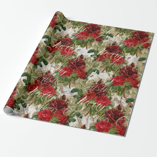 Frohe Weihnachten Alte Script-Rose Red Gold Marmor Geschenkpapier (Ungerollt)