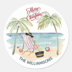Frohe Weihnachten am Strand Familienname Runder Aufkleber