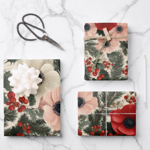 Frohe Weihnachten Anemone Floraler Hintergrund Geschenkpapier Set