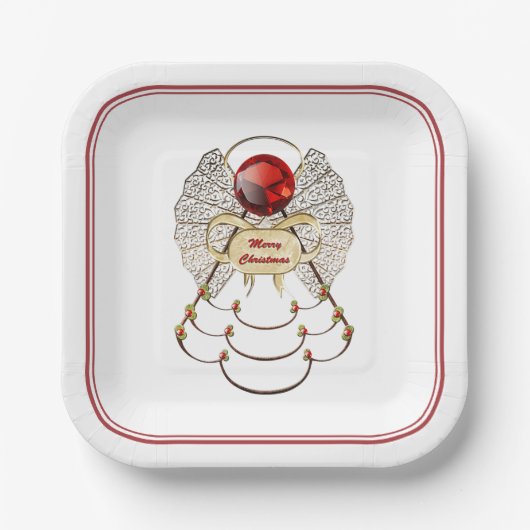 Frohe Weihnachten Angel Red/Gold Filigree Pappteller (Vorderseite)